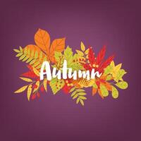 Hand written calligraphic word Autumn against bunch of colorful fallen tree leaves and branches on background. Gorgeous lettering and bright colored foliage. Seasonal natural illustration. vector