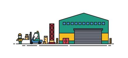 Warehouse with roller doors, forklift and loader worker standing beside it. Commercial building for storage of goods isolated on white background. Colorful illustration in line art style. vector