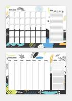 Collection of month and weekly planner templates with week starting on Sunday, square cells for notes, colorful abstract ornaments on background and to do list. Creative illustration. vector