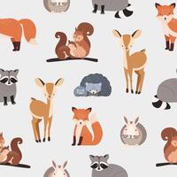 sin costura modelo con diferente linda dibujos animados bosque animales en blanco antecedentes - ardilla, erizo, zorro, ciervo, conejo, mapache. plano ilustración para textil imprimir, fondo de pantalla, envase papel. vector