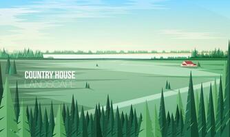 Gorgeous rural landscape with green coniferous forest trees on foreground and farm building or country house standing in middle of large field and clear sky on background. Colored illustration. vector