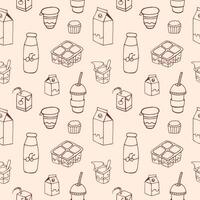 Monochrome seamless pattern with dairy products drawn with contour lines on light background - milk, milkshake, yogurt, sour cream. illustration for wallpaper, fabric print, wrapping paper. vector