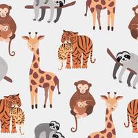 Seamless pattern with various cute and funny cartoon zoo animals on white background - monkeys, sloth, tiger, giraffe. Colorful illustration for fabric print, wallpaper, wrapping paper. vector