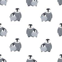 Monochrome seamless pattern with cute pair of embracing mother and baby penguins on white background. Funny flat cartoon arctic birds. illustration for wallpaper, textile print, backdrop. vector