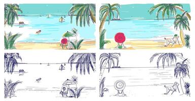 Collection of colorful and monochrome colored sketches with seaside landscapes. Tropical resort with people relaxing on sand beach, exotic palm trees and sail boats floating in sea on horizon. vector