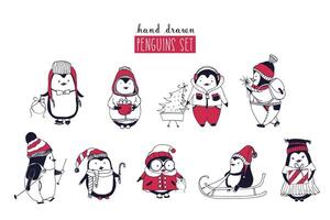 Collection of cute penguins wearing different winter clothing and hats isolated on white background. Set of cartoon arctic animals riding on sled, skiing, holding Christmas gifts. illustration. vector