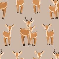 Beautiful seamless pattern with adult and baby deers on brown background. Backdrop with cute and funny cartoon forest animals. illustration for textile print, wallpaper, wrapping paper. vector