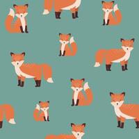 Gorgeous seamless pattern with sitting and standing red cute fox on green background. Backdrop with funny cartoon forest animal. illustration for fabric print, wallpaper, wrapping paper. vector