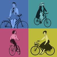 Collection of beautiful women dressed in clothes of different styles riding bicycles. Set of female characters on bikes drawn with contour lines on bright colored background. illustration. vector