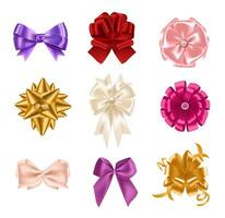 Collection of elegant colorful realistic silk bows of different types isolated on white background. Set of beautiful holiday decorative elements, shiny festive gift decorations. illustration. vector