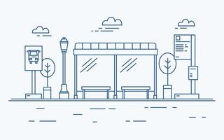 Bus stop, street light, public transport timetable or information board, sign and trees against sky with clouds on background drawn with contour lines in monochrome colors. illustration. vector