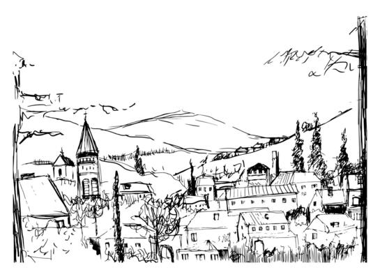 Rough black and white sketch of small ancient Georgian town, buildings and trees against high mountains on background. Drawing of landscape with settlement located on hillside. illustration.