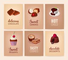 colección de vistoso pancartas con delicioso postres o sabroso dulce cursos y bebidas - galletas, dulces, caliente chocolate, pasteles ilustración para café o confitería anuncio publicitario. vector