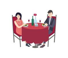 par de masculino y hembra dibujos animados caracteres vestido en elegante ropa sentado a mesa y comiendo delicioso comidas. romántico fecha a restaurante, formal cena. vistoso plano ilustración. vector