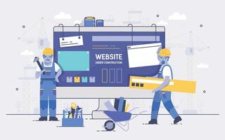 Two cartoon builders holding and carrying repair tools against computer screen on background. Concept of website under construction, web page maintenance or error 404. Colorful illustration. vector