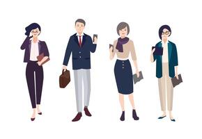 Collection of people dressed in smart clothing. Set of male and female clerks or office workers. Bundle of men and women wearing business clothes with gadgets. Cartoon characters. illustration. vector