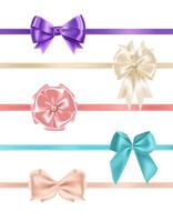 Bundle of gorgeous realistic satin bows and ribbons of various types and colors isolated on white background. Set of elegant decorative elements, glossy present decorations. illustration. vector