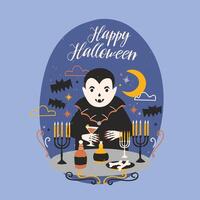 Happy Halloween banner with funny smiling Dracula or vampire standing at table with candles in candlesticks and holding wineglass with blood against night sky on background. illustration. vector