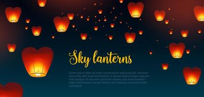 Beautiful horizontal background with Kongming Chinese lanterns and place for text. Backdrop with traditional asian festival airborne decorations in dark night sky. Colorful illustration. vector