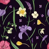 Floral seamless pattern with beautiful blooming spring flowers hand drawn in antique style on black background. Botanical illustration for textile print, wallpaper, wrapping paper, backdrop. vector