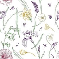 Elegant seamless pattern with gorgeous blooming spring flowers hand drawn with contour lines on white background. Natural illustration for fabric print, wallpaper, wrapping paper, backdrop. vector