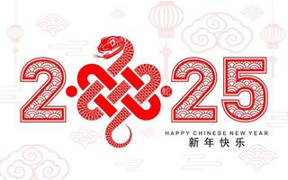 Happy chinese new year 2025 the snake zodiac sign with flower,lantern,asian elements red paper cut style on color background. vector