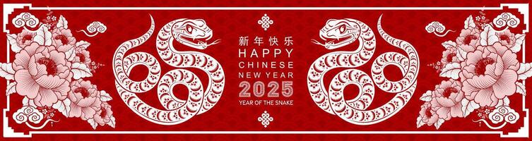 Happy chinese new year 2025 the snake zodiac sign with flower,lantern,asian elements red paper cut style on color background. vector