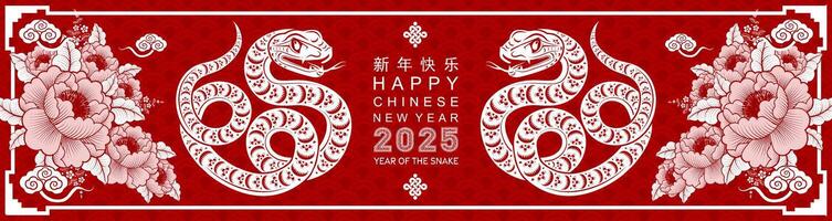 contento chino nuevo año 2025 el serpiente zodíaco firmar con flor,linterna,asiática elementos rojo papel cortar estilo en color antecedentes. vector