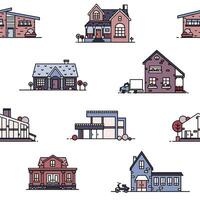 Seamless pattern with suburban houses on white background. Backdrop with living or residential buildings of various architecture. illustration in line art style for wallpaper, textile print. vector