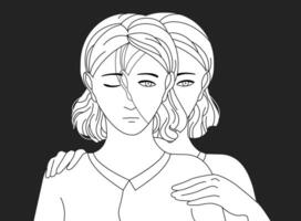 mujer en pie detrás su triste Copiar y poniendo manos en su espalda. concepto de yo ayuda, apoyo, cuidado y ayuda, interior adulto o padre, introspección. ilustración en negro y blanco colores. vector