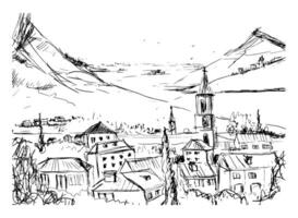 Black and white hand drawn landscape with old Georgian town, mountains and harbor. Beautiful freehand sketch with buildings and streets of small city located near sea and hills. illustration. vector