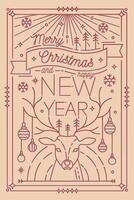 Merry Christmas and Happy New Year greeting card template with festive decorations - deer antlers decorated with baubles, snowflakes, fir trees. Monochrome illustration drawn in lineart style. vector