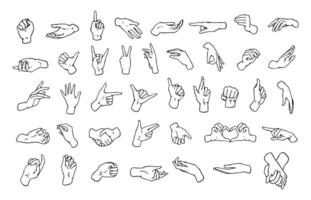 Set of various hand gestures, symbols shown with palm and fingers drawn with black contour lines on white background. Non-verbal or manual communication, body language. Monochrome illustration. vector