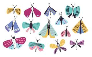 Collection of bright colored cartoon moths of different types and sizes isolated on white background. Nocturnal flying insects with beautiful wings, butterflies. Colorful illustration. vector