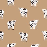 Seamless pattern with cow and calf coated in black and white patches. Backdrop with cute cartoon animals on brown background. Colorful illustration for textile print, wallpaper, wrapping paper. vector