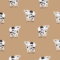 Seamless pattern with cow and calf coated in black and white patches. Backdrop with cute cartoon animals on brown background. Colorful illustration for textile print, wallpaper, wrapping paper. vector