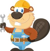 Cute Beaver Carpenter Cartoon Character With Helmet Holding A Wrench vector