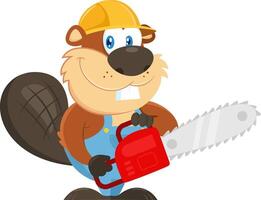 Cute Beaver Cartoon Character Wearing A Helmet Using A Chainsaw vector