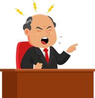 Angry Business Boss Man Cartoon Character Sitting On The Desk And Pointing With Finger vector