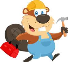 Cute Beaver Cartoon Character Construction Worker Running Tool Box And Hammer vector