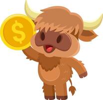 Cute Highland Cow Animal Cartoon Character Holding A Golden Bitcoin vector