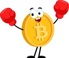 Happy Bitcoin Cartoon Character Boxer Gloves Celebrate Win vector