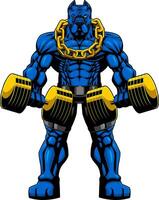 Muscular Blue PitBull Bodybuilder Mascot Doing Exercise With Dumbbells vector