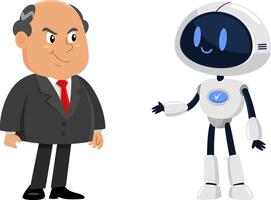 Smiling Business Boss Man Cartoon Character And AI Robot vector