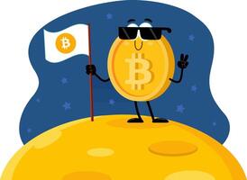 bitcoin dibujos animados personaje demostración victoria mano firmar y ondulación bandera en el Luna vector