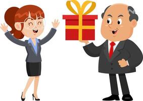 contento negocio jefe hombre sorprendente secretario con regalo dibujos animados caracteres vector