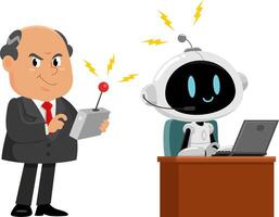 Business Boss Man Cartoon Character Using Remote To Enable AI Robot Control vector