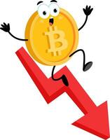 Bitcoin Cartoon Character Goes Down With The Statistics Arrow vector