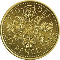 1964 British sixpence money gold coin vector