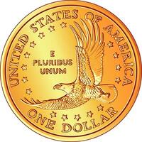 American Money, gold Dollar coin with the image of a flyi vector